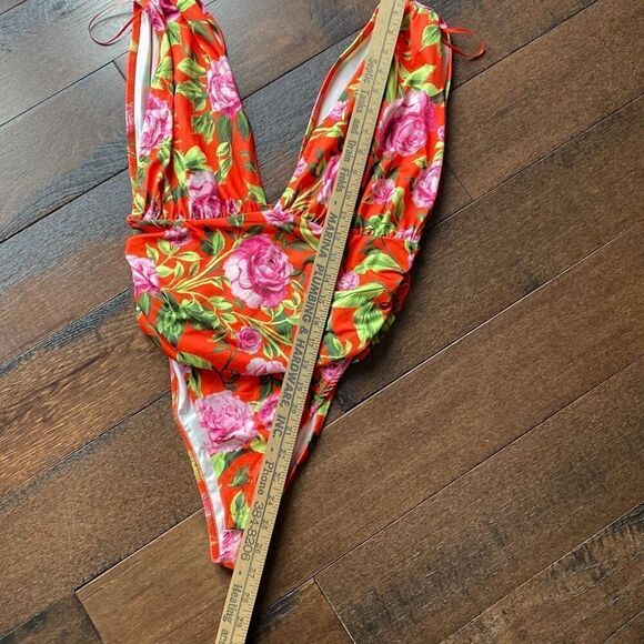 NWT ZARA floral one piece bodysuit ruched size medium orange deep v neck - Picture 8 of 9